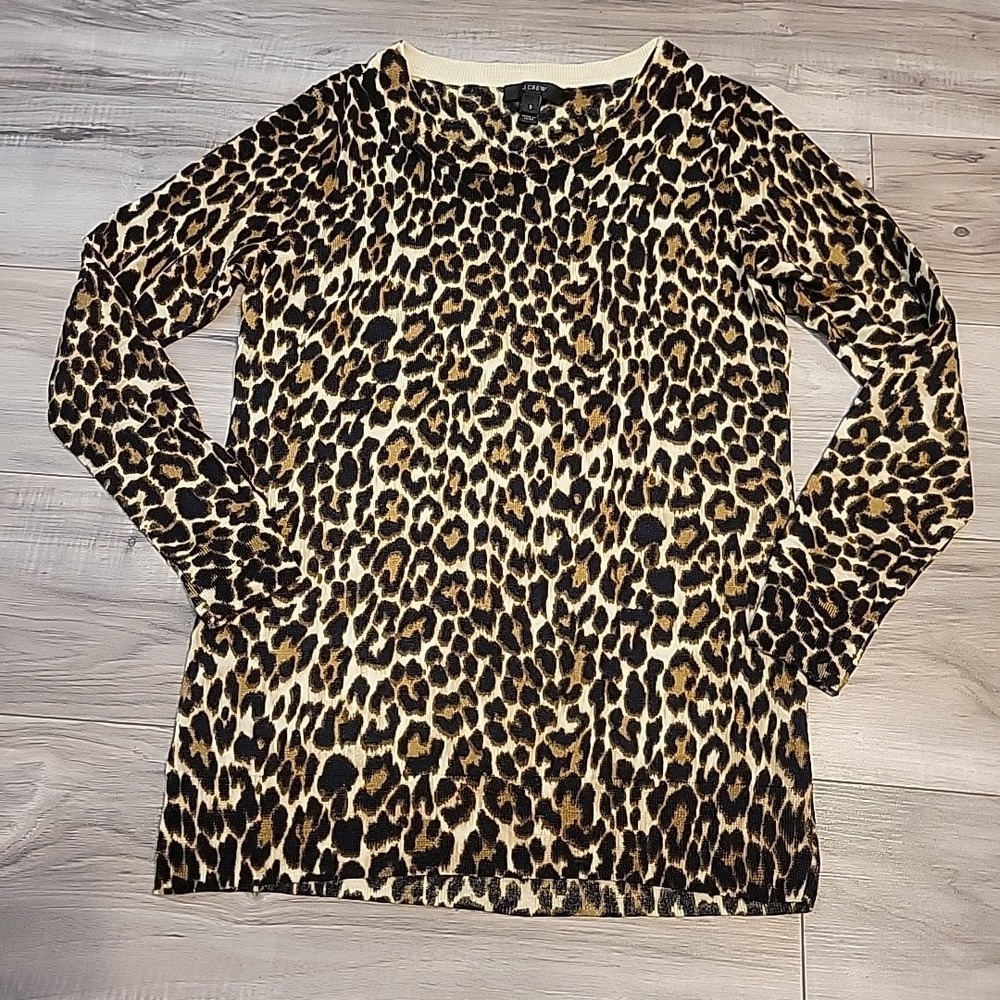 J.Crew Sweater Womens Small‎ 100% Merino Wool Leopard Print Crewneck